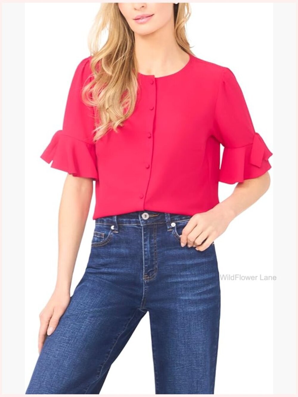 Flounce Elbow Bow Sleeve Button Down Top Blouse